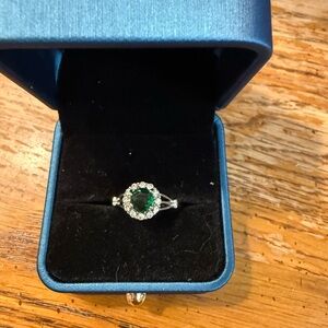 Emerald and Silver Ring with Diamond Accents